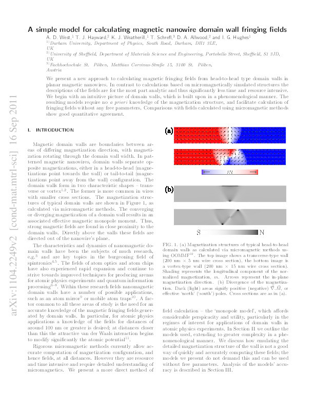 A simple model for calculating magnetic nanowire domain wall fringing fields Thumbnail