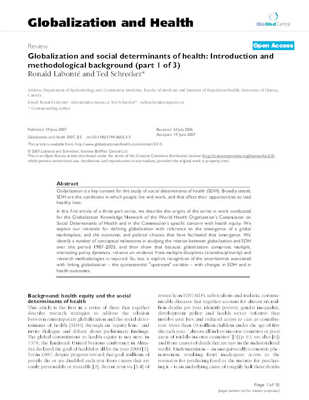 Globalization and social determinants of health : introduction and methodological background (part 1 of 3) Thumbnail