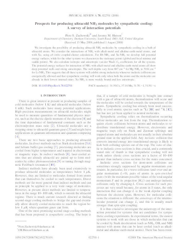 Prospects for producing ultracold NH(3) molecules by sympathetic cooling : a survey of interaction potentials Thumbnail