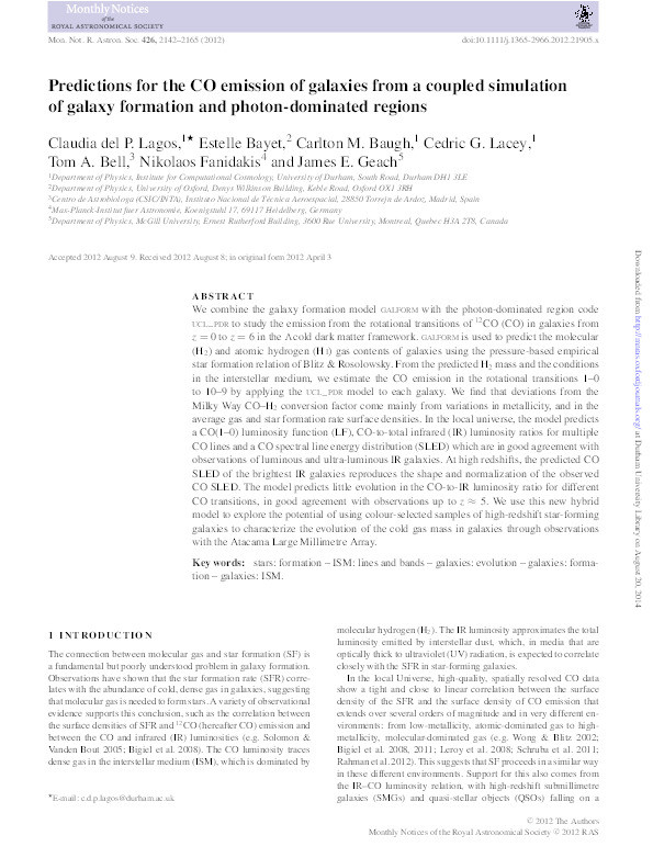 Predictions for the CO emission of galaxies from a coupled simulation of galaxy formation and photon-dominated regions Thumbnail