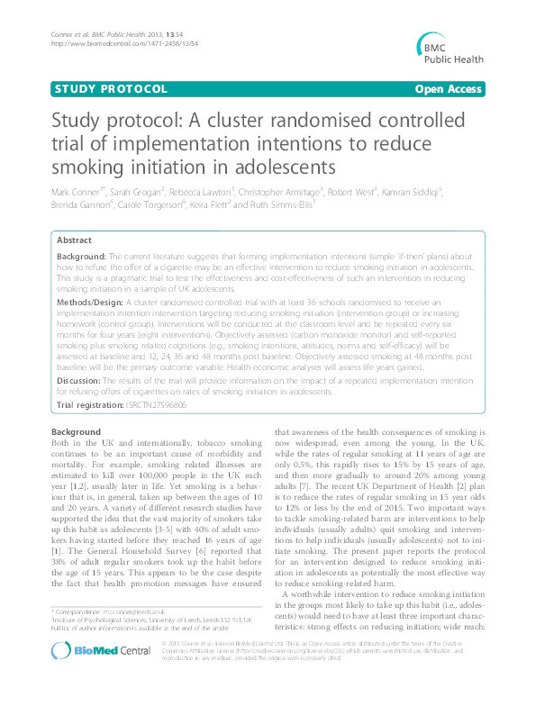 Study protocol : a cluster randomised controlled trial of implementation intentions to reduce smoking initiation in adolescents Thumbnail