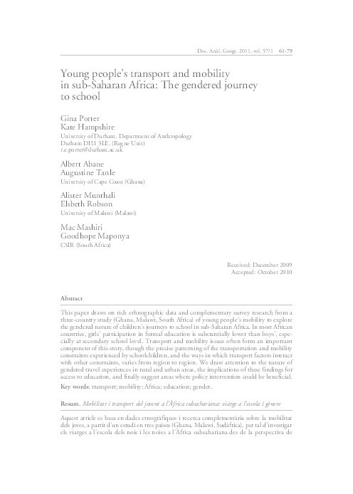 Young people’s transport and mobility in sub-Saharan Africa: the gendered journey to school Thumbnail