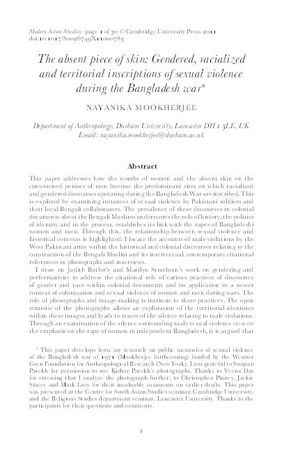 The absent piece of skin: Gendered, racialized and territorial inscriptions of sexual violence during the Bangladesh war Thumbnail