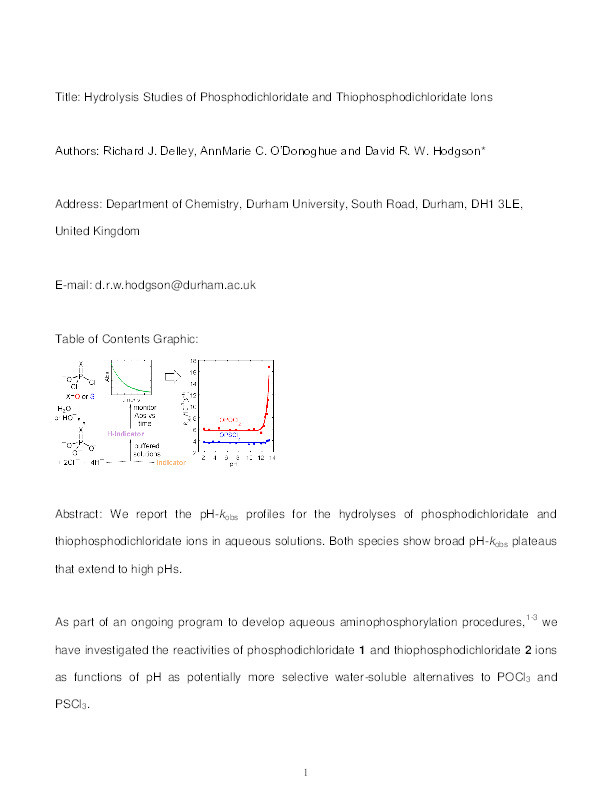 Hydrolysis studies of phosphodichloridate and thiophosphodichloridate ions Thumbnail