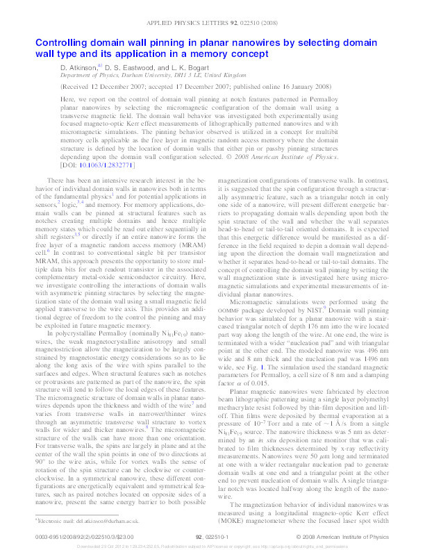 Controlling Domain Wall Pinning in Planar Nanowires by Selecting Domain Wall Type and its Application in a Memory Concept Thumbnail