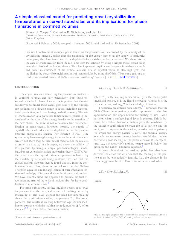 A simple classical model for predicting onset crystallization temperatures on curved substrates and its implications for phase transitions in confined volumes Thumbnail