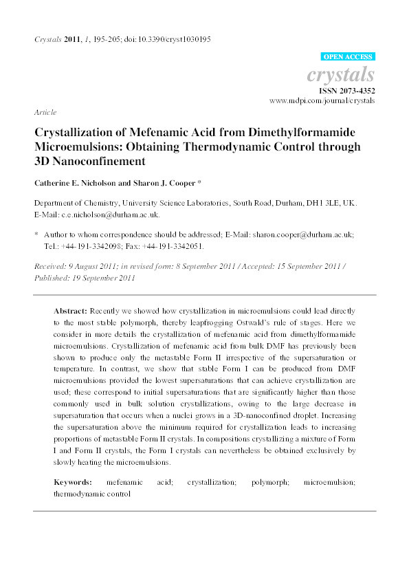 Crystallization of Mefenamic Acid from Dimethylformamide Microemulsions: Obtaining Thermodynamic Control through 3D Nanoconfinement Thumbnail