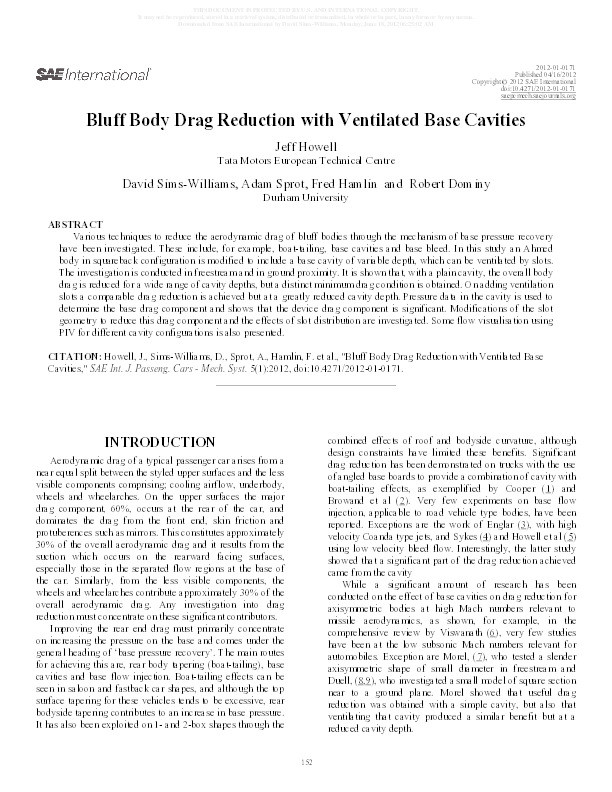 Bluff Body Drag Reduction with Ventilated Base Cavities Thumbnail