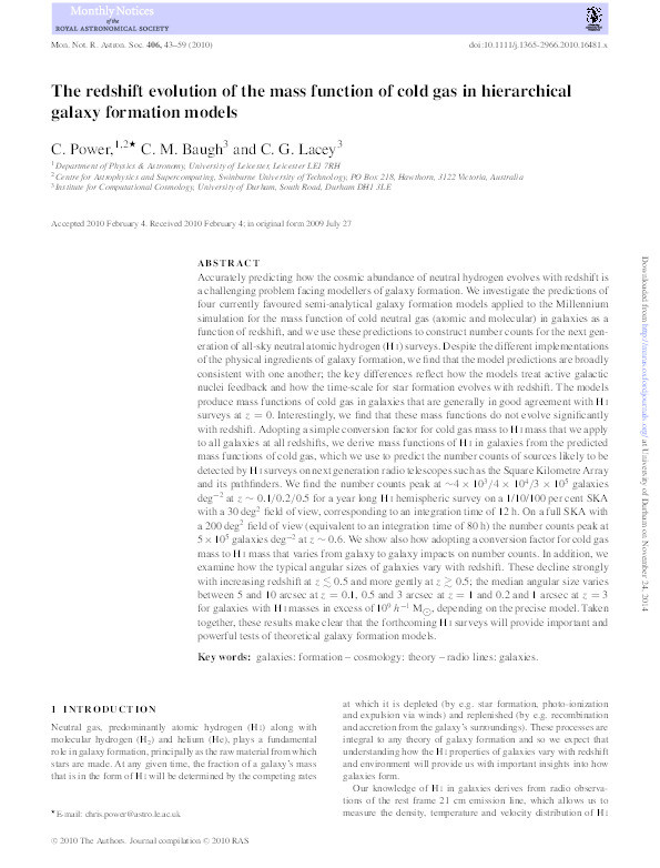 The redshift evolution of the mass function of cold gas in hierarchical galaxy formation models Thumbnail