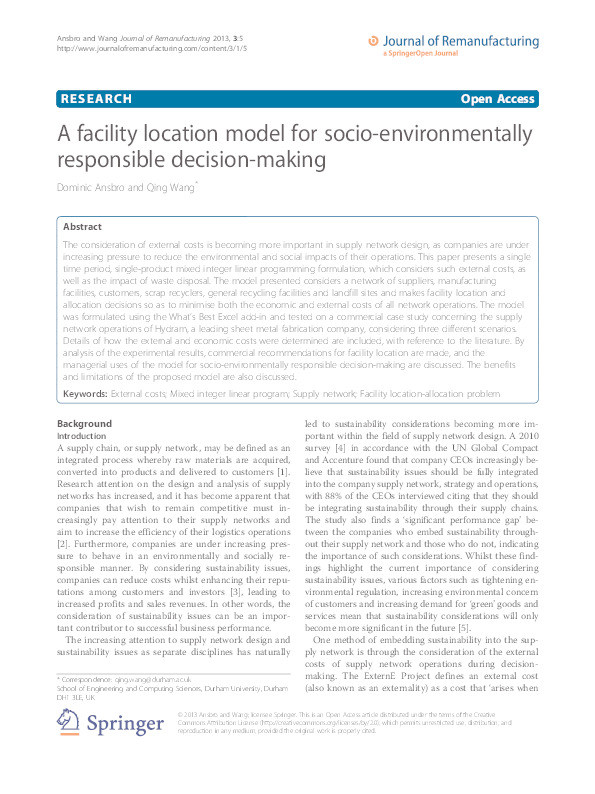 A facility location model for socio-environmentally responsible decision-making Thumbnail