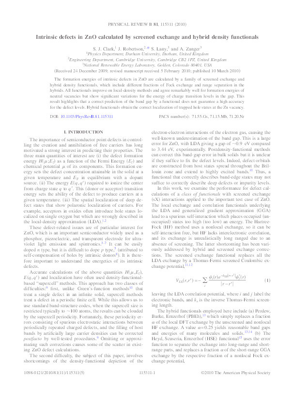 Intrinsic defects in ZnO calculated by screened exchange and hybrid density functionals Thumbnail