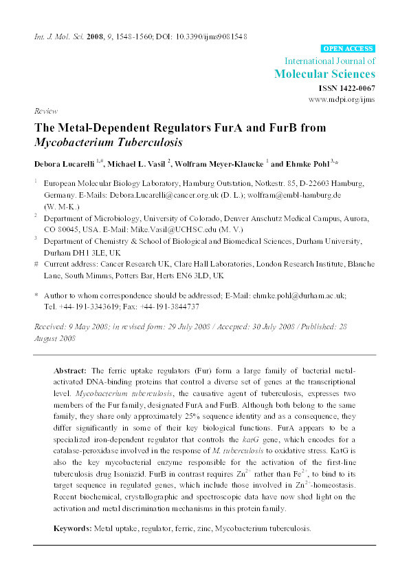The Metal-Dependent Regulators FurA and FurB from Mycobacterium Tuberculosis Thumbnail