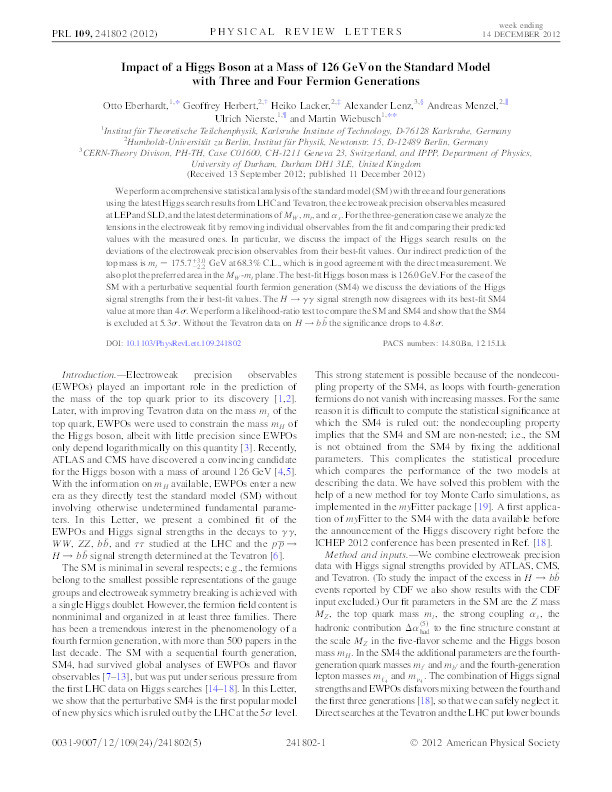 Impact of a Higgs boson at a mass of 126 GeV on the standard model with three and four fermion generations Thumbnail