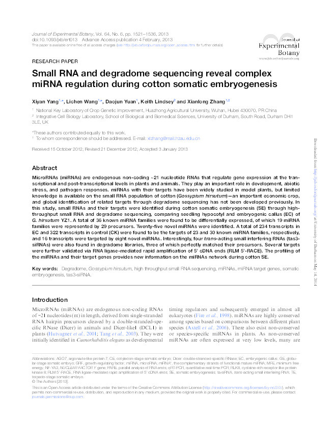 Small RNA and degradome sequencing reveal complex miRNA regulation during cotton somatic embryogenesis Thumbnail