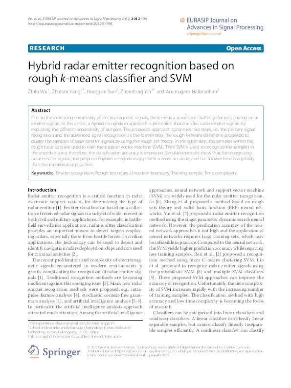 Hybrid Radar Emitter Recognition Based on Rough K-Means Classifier and SVM Thumbnail