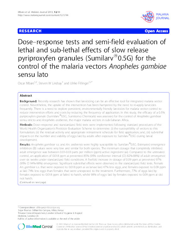 Dose-response tests and semi-field evaluation of lethal and sub-lethal effects of slow release pyriproxyfen granules (Sumilarv®0.5G) for the control of the malaria vectors Anopheles gambiae sensu lato Thumbnail