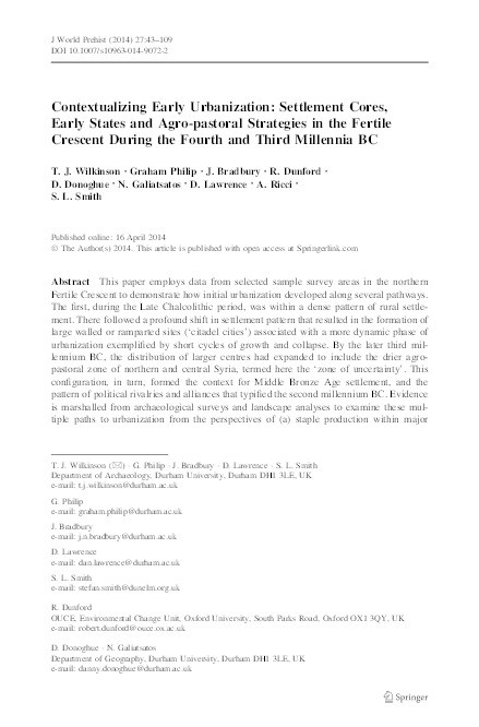Contextualizing Early Urbanization: Settlement Cores, Early States and Agro-Pastoral Strategies in the Fertile Crescent during the Fourth and Third Millennia BC Thumbnail