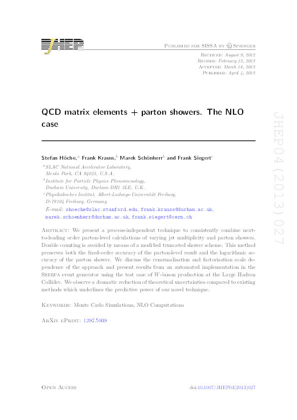 QCD matrix elements + parton showers: the NLO case Thumbnail