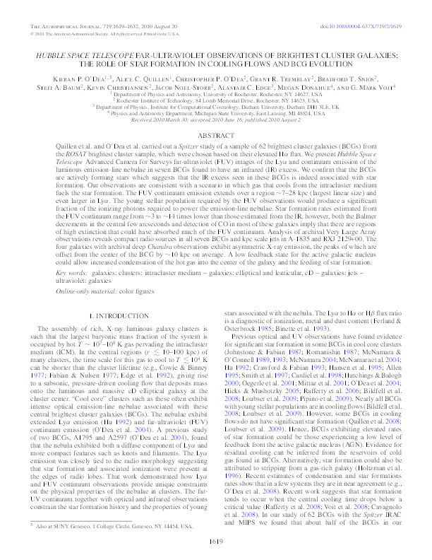 Hubble Space Telescope Far-ultraviolet Observations of Brightest Cluster Galaxies: The Role of Star Formation in Cooling Flows and BCG Evolution Thumbnail