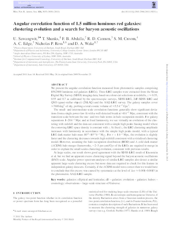 Angular correlation function of 1.5 million luminous red galaxies: clustering evolution and a search for baryon acoustic oscillations Thumbnail