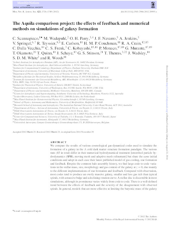 The Aquila comparison project : the effects of feedback and numerical methods on simulations of galaxy formation Thumbnail