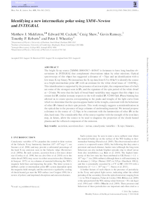 Identifying a new intermediate polar using XMM-Newton and INTEGRAL Thumbnail