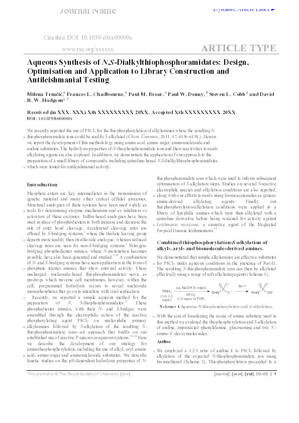 Aqueous synthesis of N,S,-dialkylthiophosphoramidates: design, optimisation and application to library construction and antileishmanial testing Thumbnail