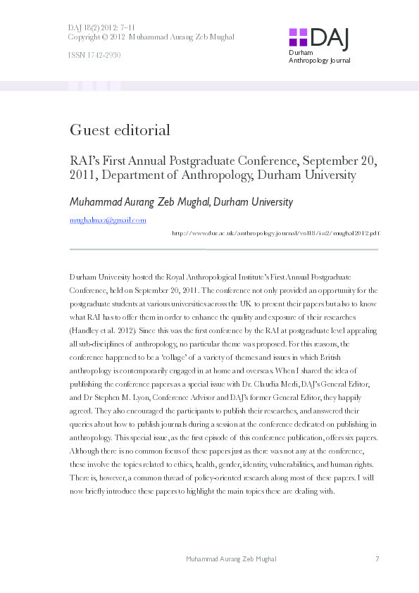 Guest Editorial: RAI's First Annual Postgraduate Conference, September 20, 2011, Department of Anthropology, Durham University Thumbnail