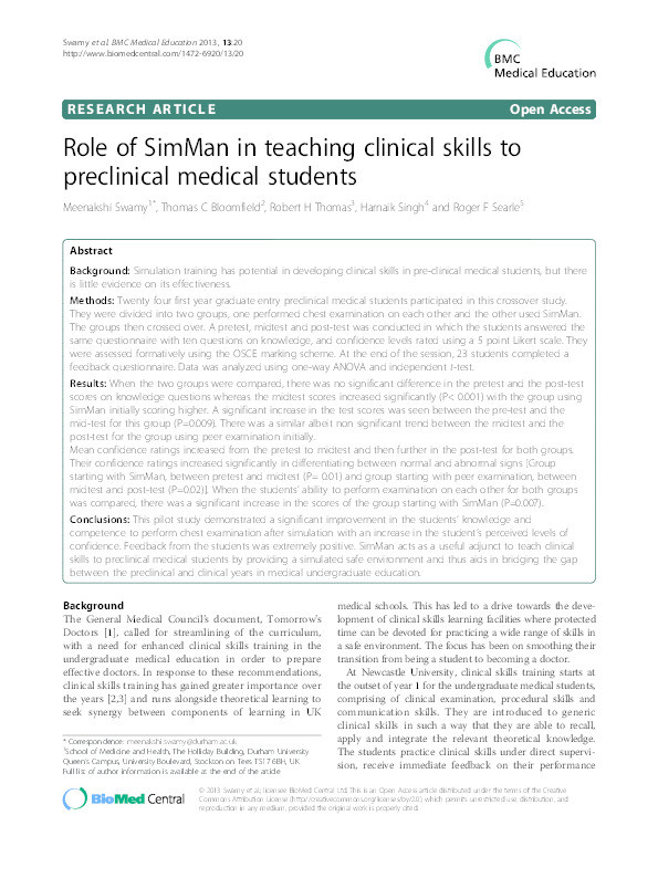 Role of SimMan in teaching clinical skills to preclinical medical students Thumbnail