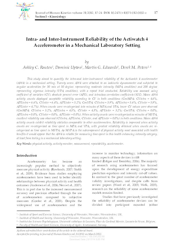 Intra‐ and Inter‐Instrument Reliability of the Actiwatch 4 Accelerometer in a Mechanical Laboratory Setting Thumbnail