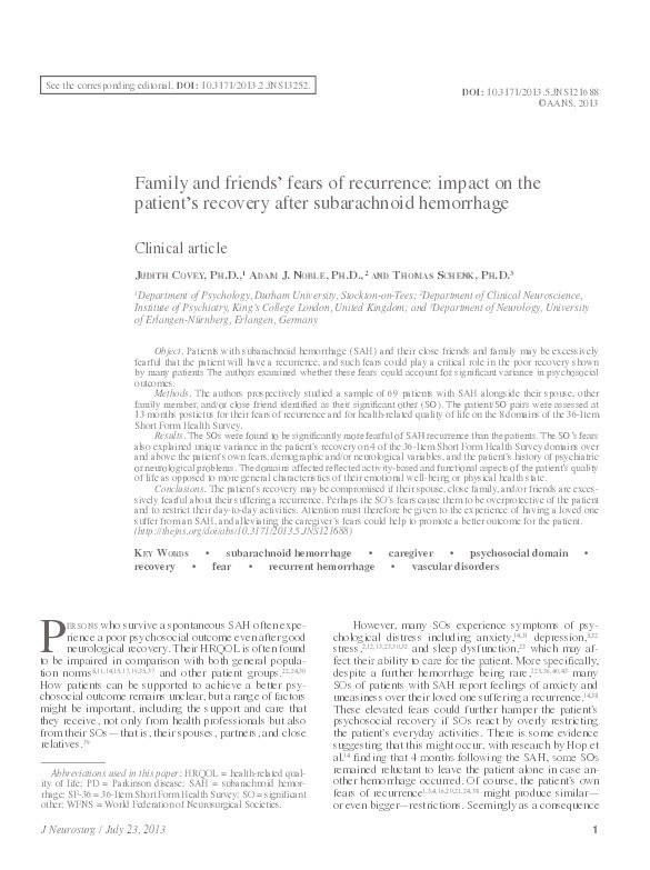 Family and friends' fears of recurrence: impact on the patient's recovery after subarachnoid hemorrhage Thumbnail