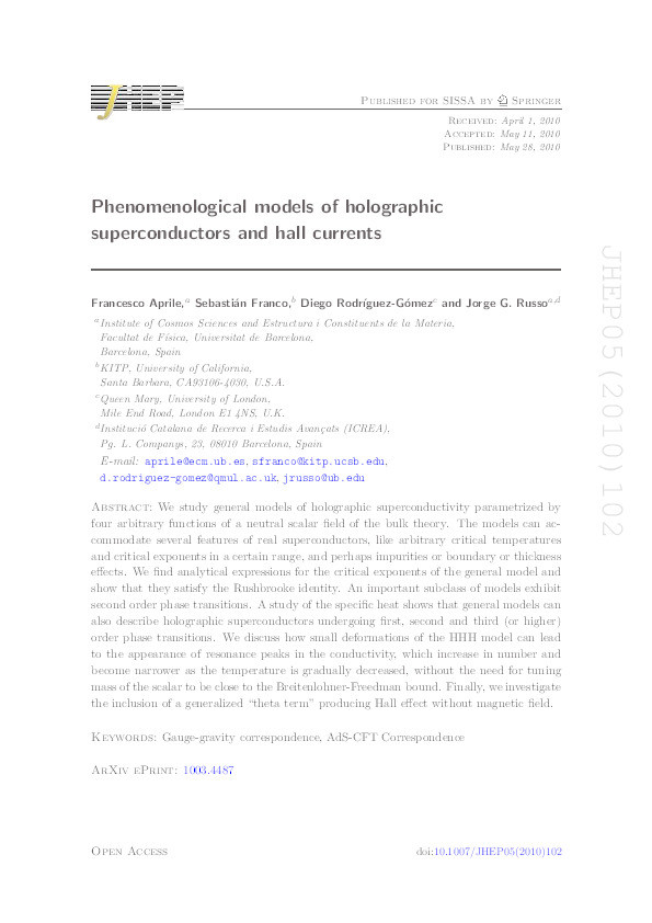 Phenomenological models of holographic superconductors and Hall currents Thumbnail