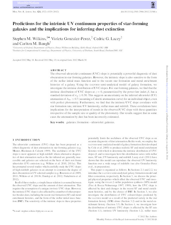 Predictions for the intrinsic UV continuum properties of star-forming galaxies and the implications for inferring dust extinction Thumbnail