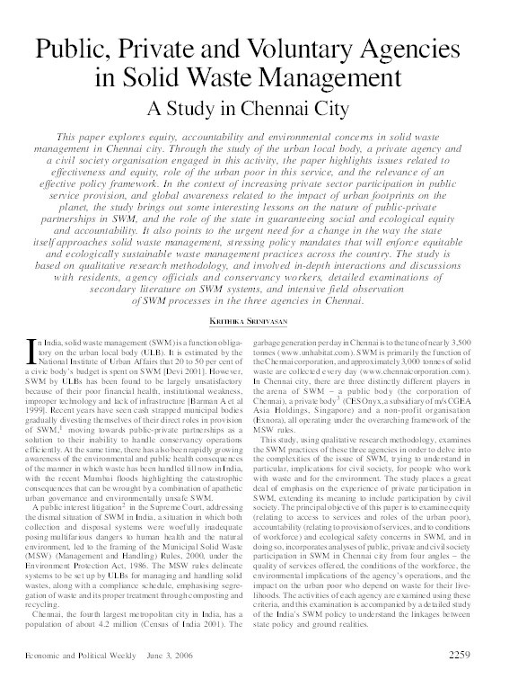 Public, private and voluntary agencies in solid waste management: A study in Chennai city Thumbnail