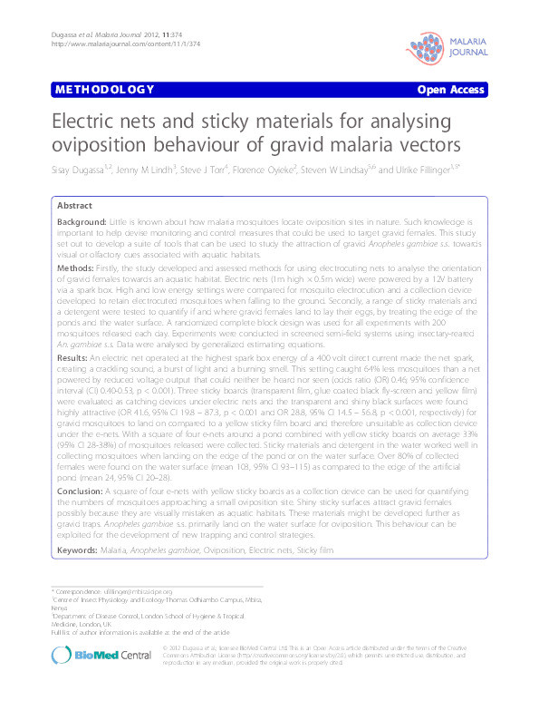 Electric nets and sticky materials for analysing oviposition behaviour of gravid malaria vectors Thumbnail