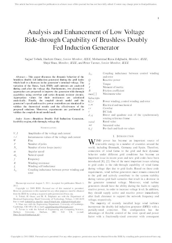 Analysis and Enhancement of Low Voltage Ride-through Capability of Brushless Doubly Fed Induction Generator Thumbnail