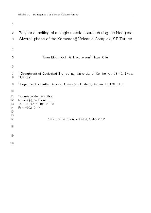 Polybaric melting of a single mantle source during the Neogene Siverek phase of the Karacadağ Volcanic Complex, SE Turkey Thumbnail