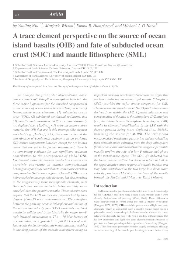 A trace element perspective on the source of ocean island basalts (OIB) and fate of subducted ocean crust (SOC) and mantle lithosphere (SML) Thumbnail
