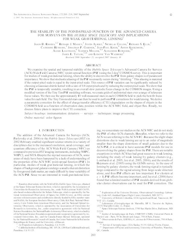 The stability of the point-spread function of the advanced camera for surveys on the Hubble Space Telescope and implications for weak gravitational lensing Thumbnail