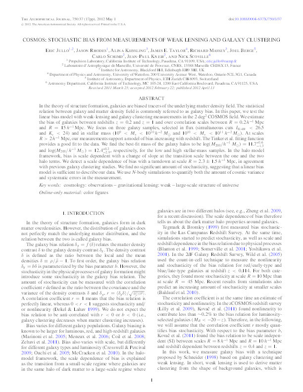 COSMOS : stochastic bias from measurements of weak lensing and galaxy clustering Thumbnail