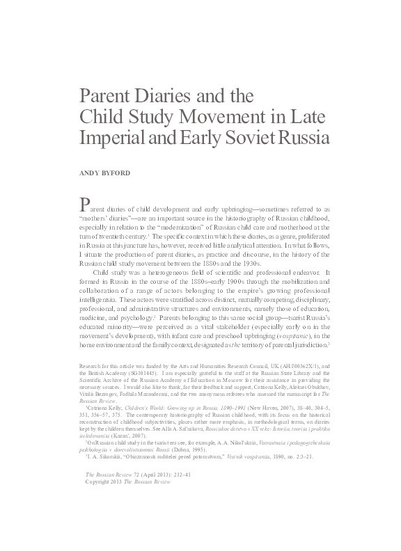 Parent Diaries and the Child Study Movement in Late Imperial and Early Soviet Russia Thumbnail
