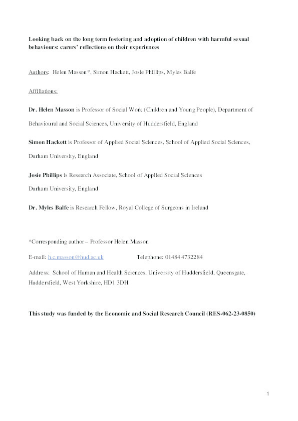 Looking back on the long-term fostering and adoption of children with harmful sexual behaviours: carers’ reflections on their experiences Thumbnail