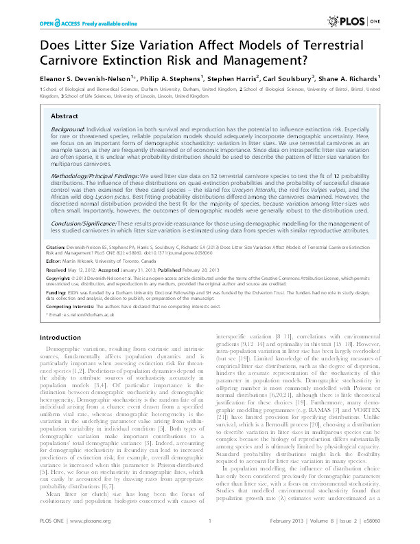 Does litter size variation affect models of terrestrial carnivore extinction risk and management? Thumbnail