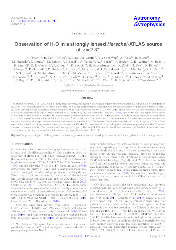 Observation of H2O in a strongly lensed Herschel-ATLAS source at z=2.3 Thumbnail