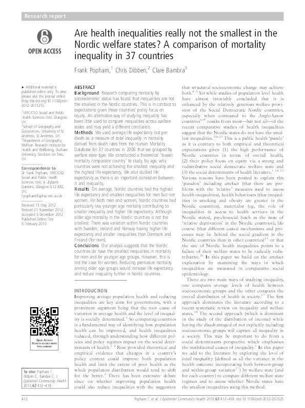 Are health inequalities really not the smallest in the Nordic welfare states? A comparison of mortality inequality in 37 countries Thumbnail
