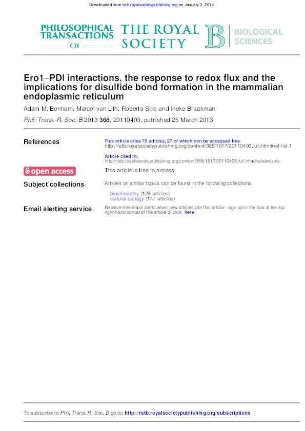 Ero1-PDI interactions, the response to redox flux and the implications for disulfide bond formation in the mammalian endoplasmic reticulum Thumbnail