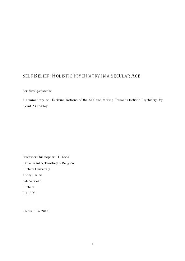 Self-belief: holistic psychiatry in a secular age. Commentary on... Holistic Psychiatry without the whole self Thumbnail