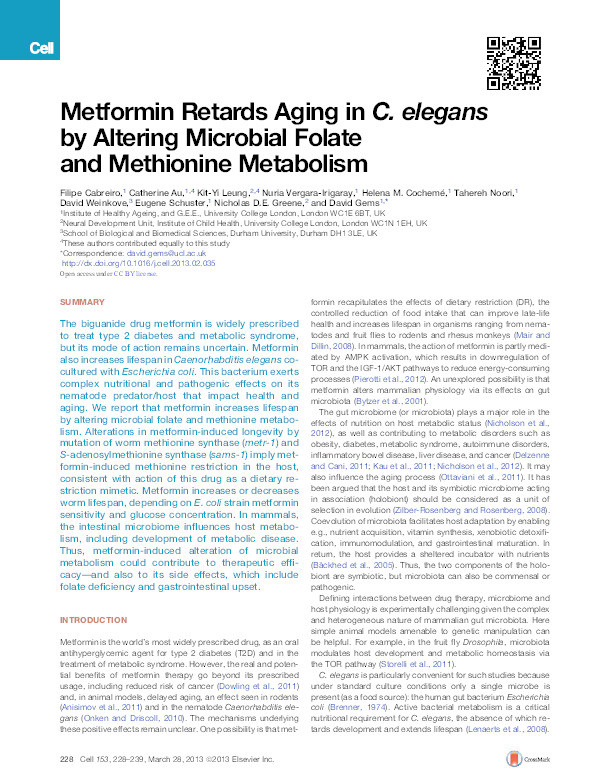 Metformin retards aging in C. elegans by altering microbial folate and methionine metabolism Thumbnail