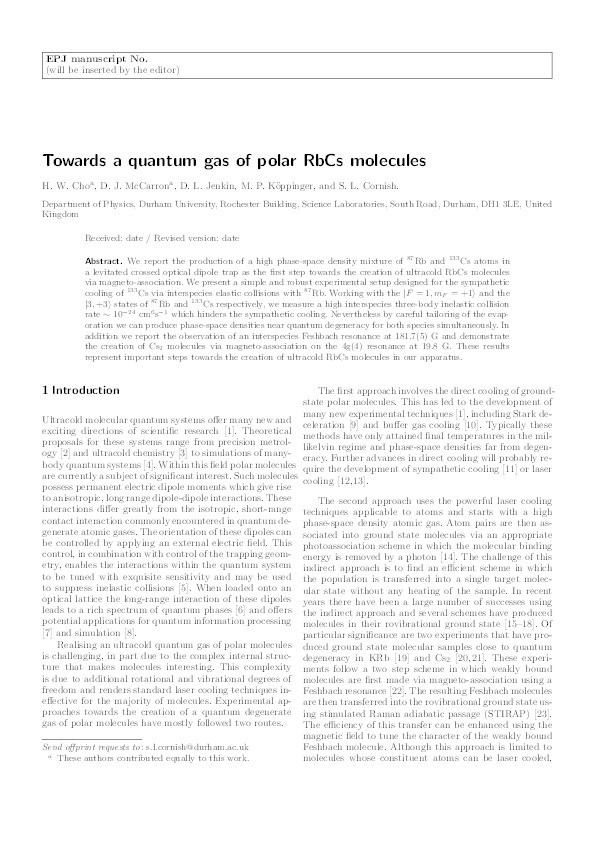 A high phase-space density mixture of (87)Rb and (133)Cs: towards ultracold heteronuclear molecules Thumbnail