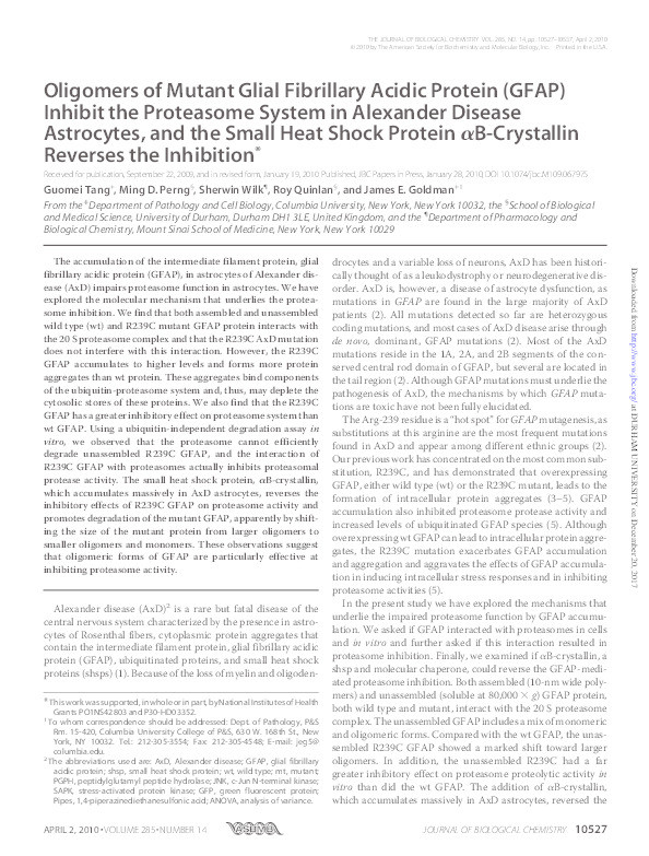 Oligomers of mutant glial fibrillary acidic protein (GFAP) Inhibit the proteasome system in alexander disease astrocytes, and the small heat shock protein αB-crystallin reverses the inhibition Thumbnail